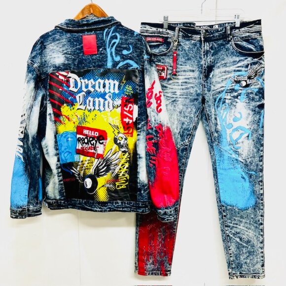 A Set Y2K STREETWEAR EMBROIDED Dreamland Denim Jeans Mens 3XL TOP,BotJEAN 38